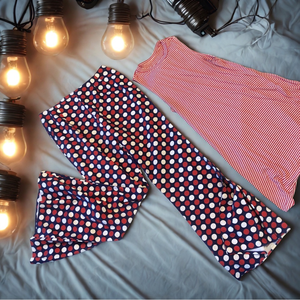 CUTE Navy PolkaDot bell bottom pants & Red Stripe sleeveless dress. Sz Small EUC